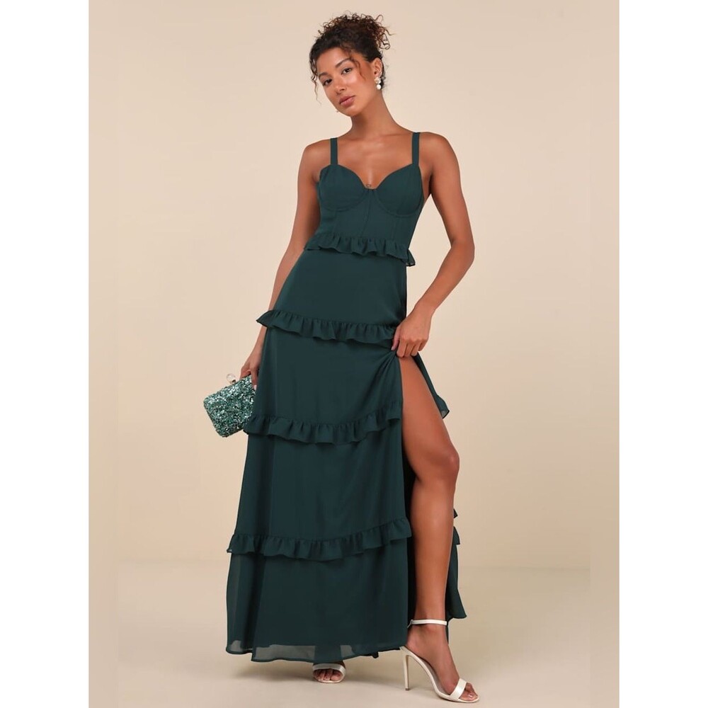 NWT Lulus Sincerely Poised Emerald Backless Bustier Tiered Maxi Dress Medium - Picture 2 of 9